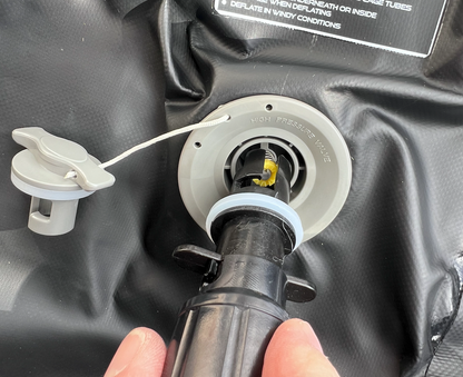 Air tight inflation valve.  Connects to electric pump and inflates or deflates in 10 minutes.  When finished, seal the cap for air tight use. 